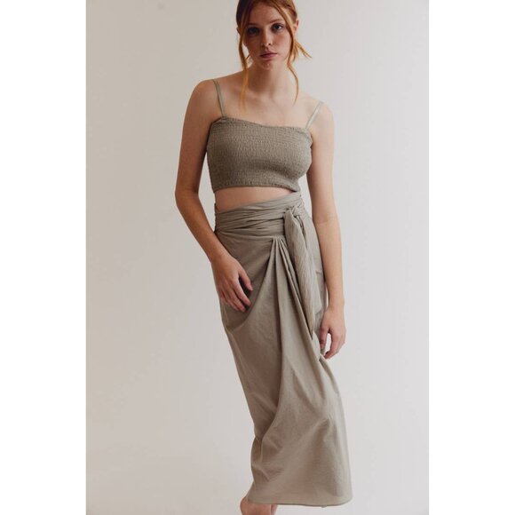 Women’s Tie-Front Wrap Skirt – Midi Length, Neutral Taupe - Picture 3 of 6